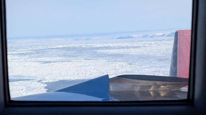 Right panel: view over sea ice from the AWI IceBird Polar-5 aircraft